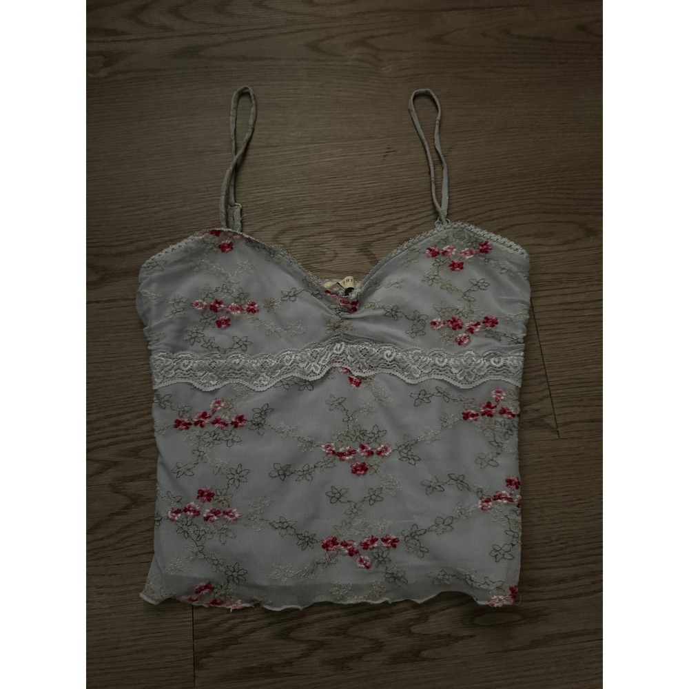 Thirty Thirty LA Floral Embroidered Mesh Cami Top Blue Pink Lace Trim Medium